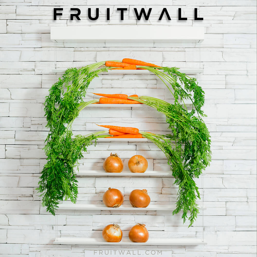 Fruitwall, los mejores fruteros modernos y de diseño para la cocina, colocado sobre pared de piedra blanca. Tiene zanahorias con sus hojas formando como si fueran hojas de palmeta y cebollas haciendo de tronco.